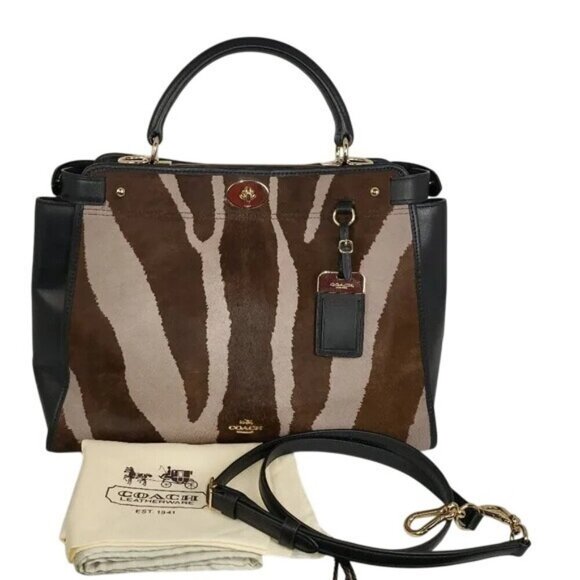 Coach Gramercy Leather & Zebra Print Dyed Calf Hair Crossbody Tote Satchel - Picture 1 of 12